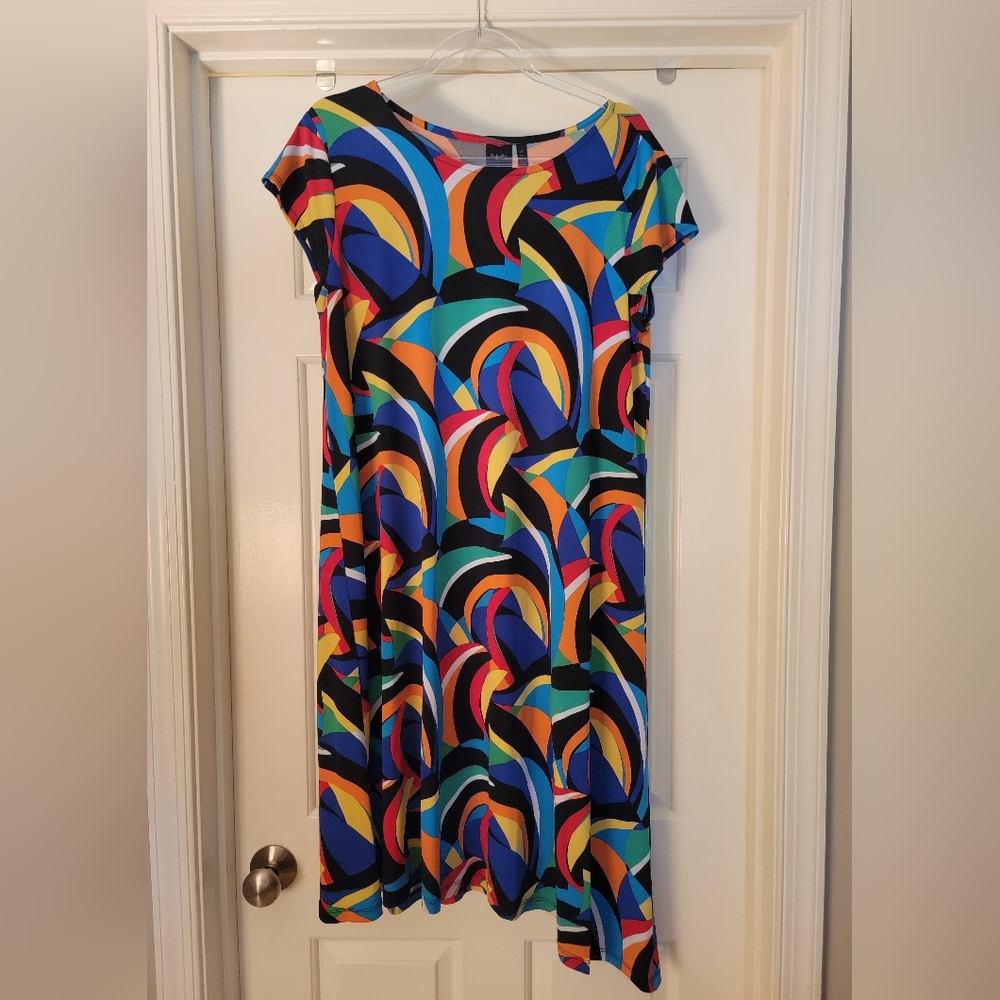 EUC Rafaella Multicolor Geometric Dress With Asymmetrical Hem -- Size Large